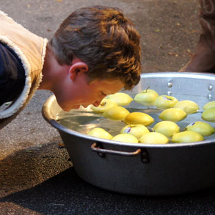 A boy at a summer camp bobs for apples